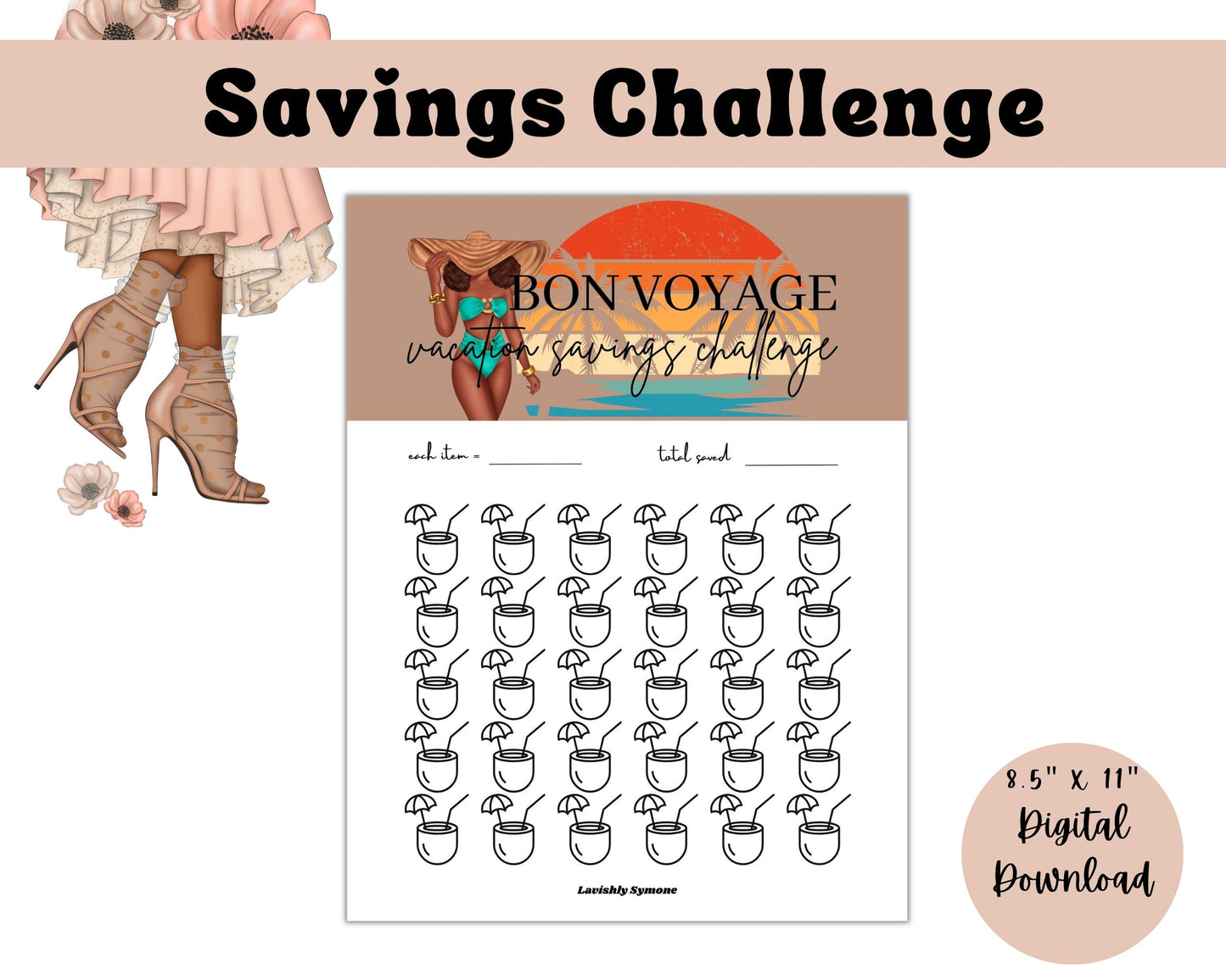 Bon Voyage Vacation Savings Challenge | Teal Bikini Theme 1 | Digital Download