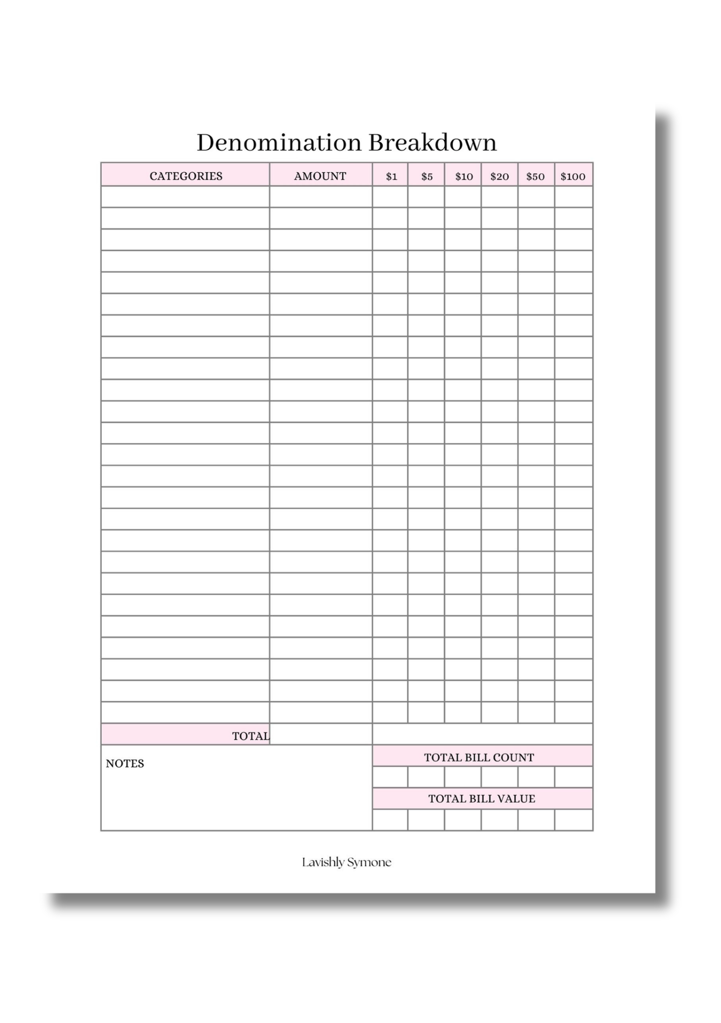 Denomination Breakdown Template | Digital Download