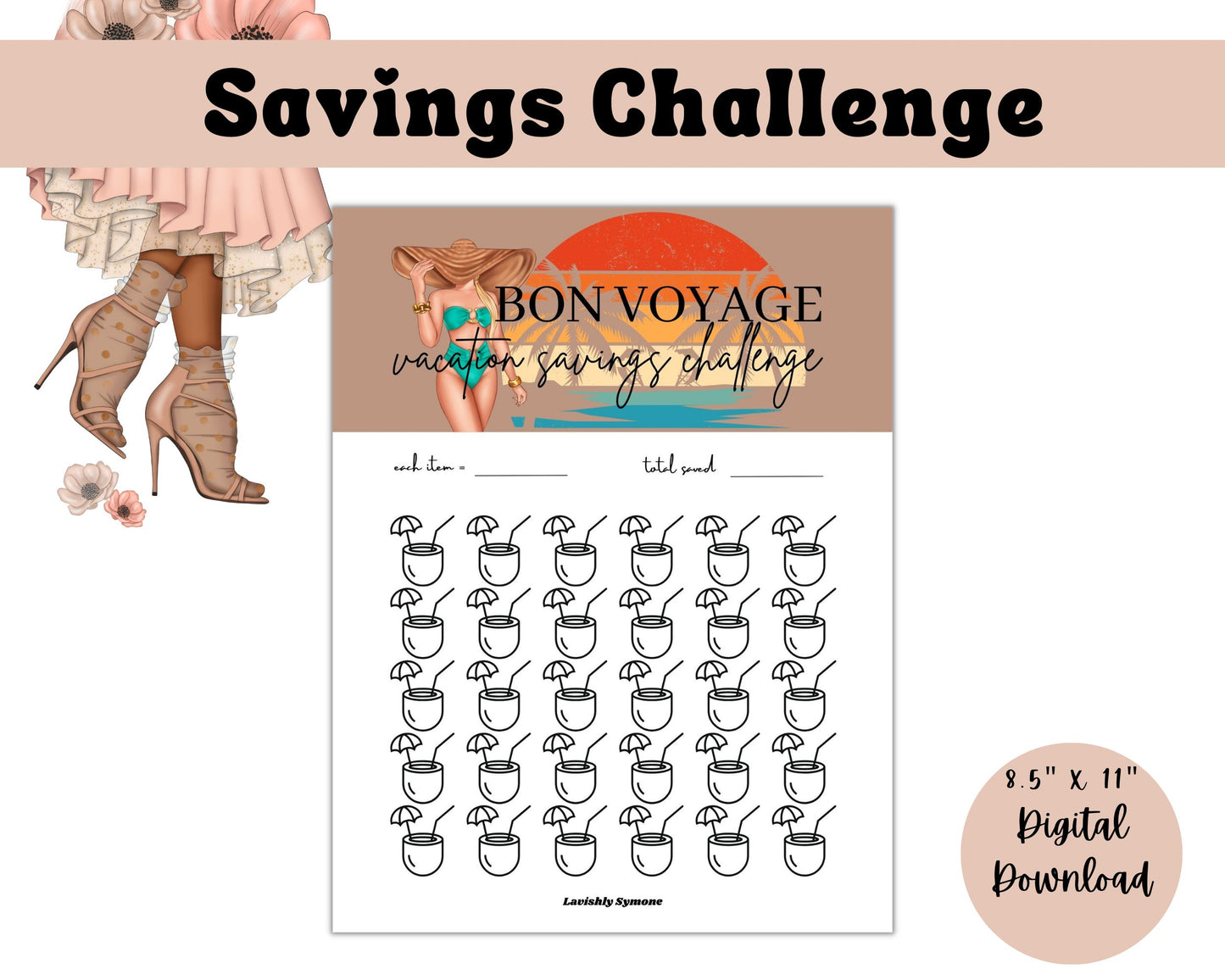 Bon Voyage Vacation Savings Challenge | Teal Bikini Theme 2 | Digital Download