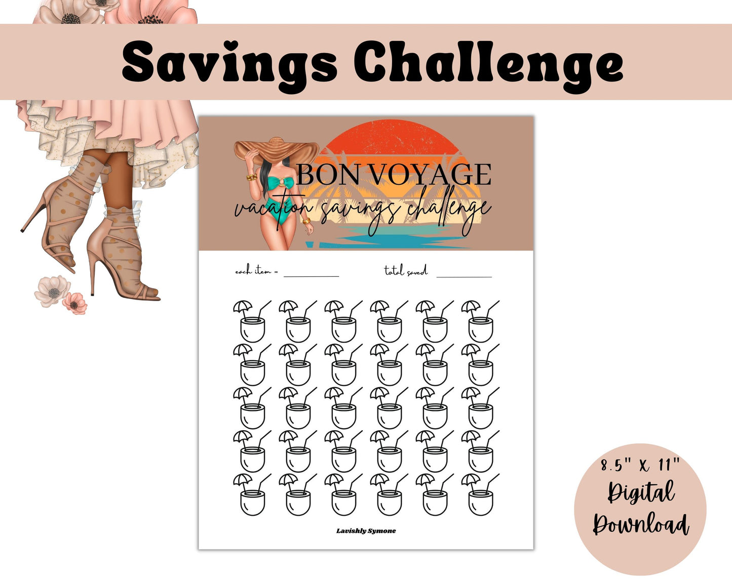 Bon Voyage Vacation Savings Challenge | Teal Bikini Theme 3 | Digital Download