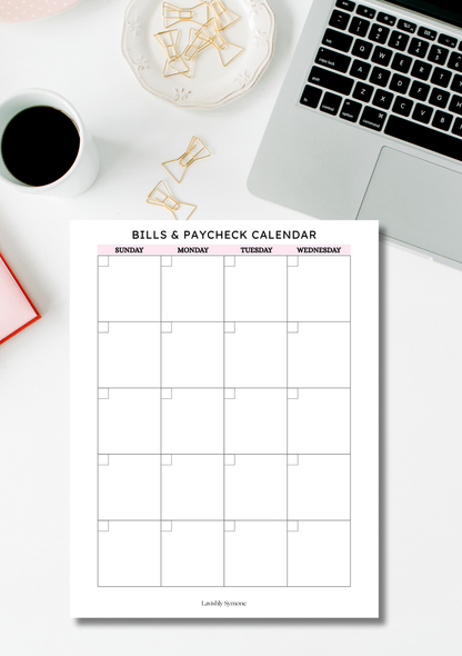 Monthly Bills & Paycheck Calendar Template (2 pages) | Digital Download