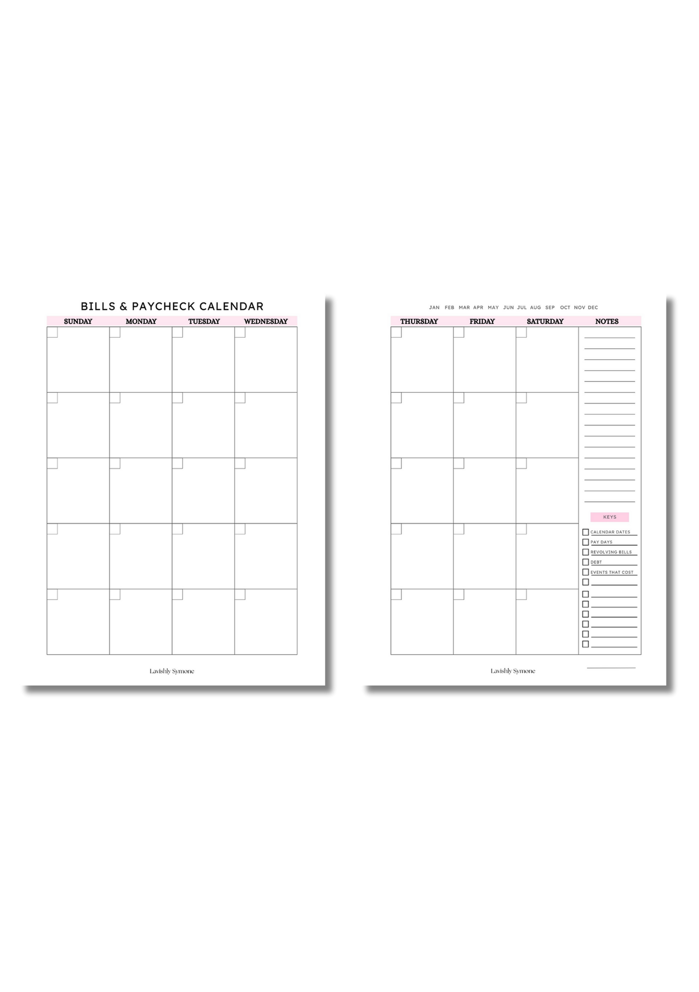 Monthly Bills & Paycheck Calendar Template (2 pages) | Digital Download