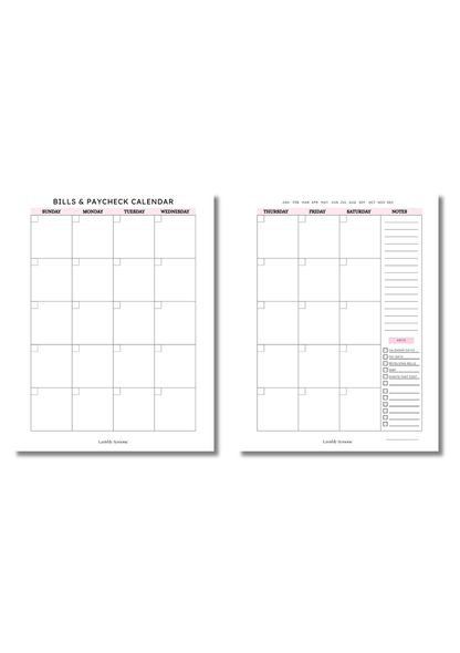 Monthly Bills & Paycheck Calendar Template (2 pages) | Digital Download