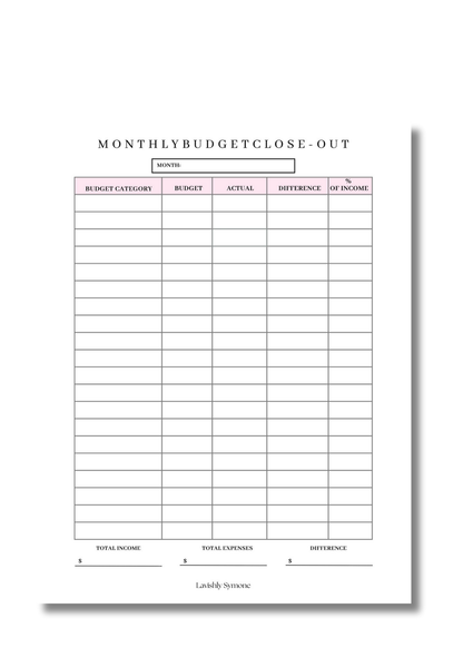 Monthly Budget Close-out Template | Digital Download