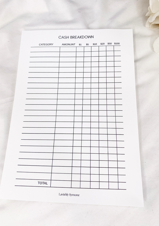 Cash Breakdown Notepad | Simple Aesthetic