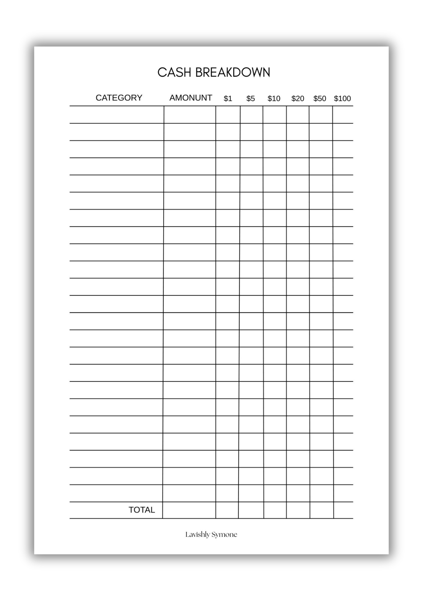 Cash Breakdown Notepad | Simple Aesthetic