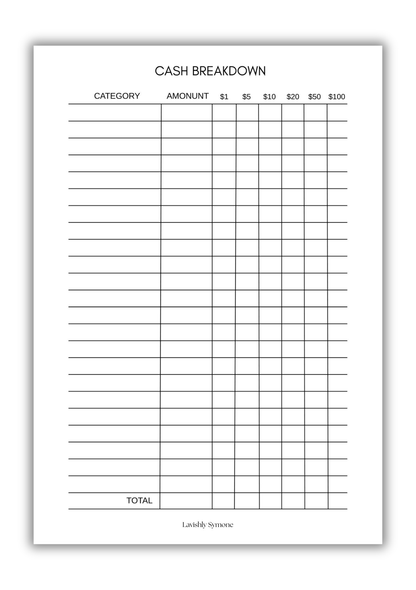 Cash Breakdown Notepad | Simple Aesthetic
